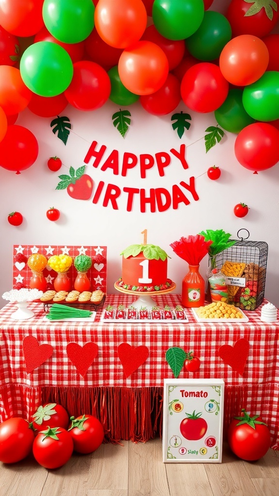 Tomato-themed birthday party with decorations, cake, and snacks.